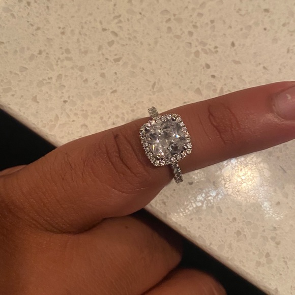 Halo Princess Cut Engagement Ring Stamped 925 Silver Partial Pave Band Two Sizes - Picture 2 of 15